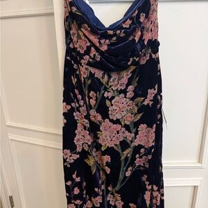 Lulu's Navy Velvet Dress with Pink Floral Pattern